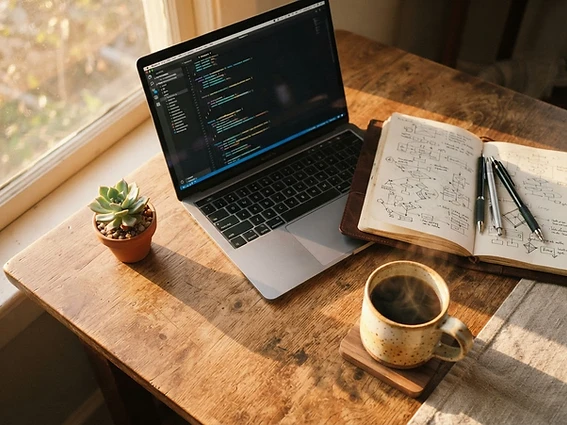 Espace de travail chaleureux avec un ordinateur, un carnet de croquis et une tasse de café